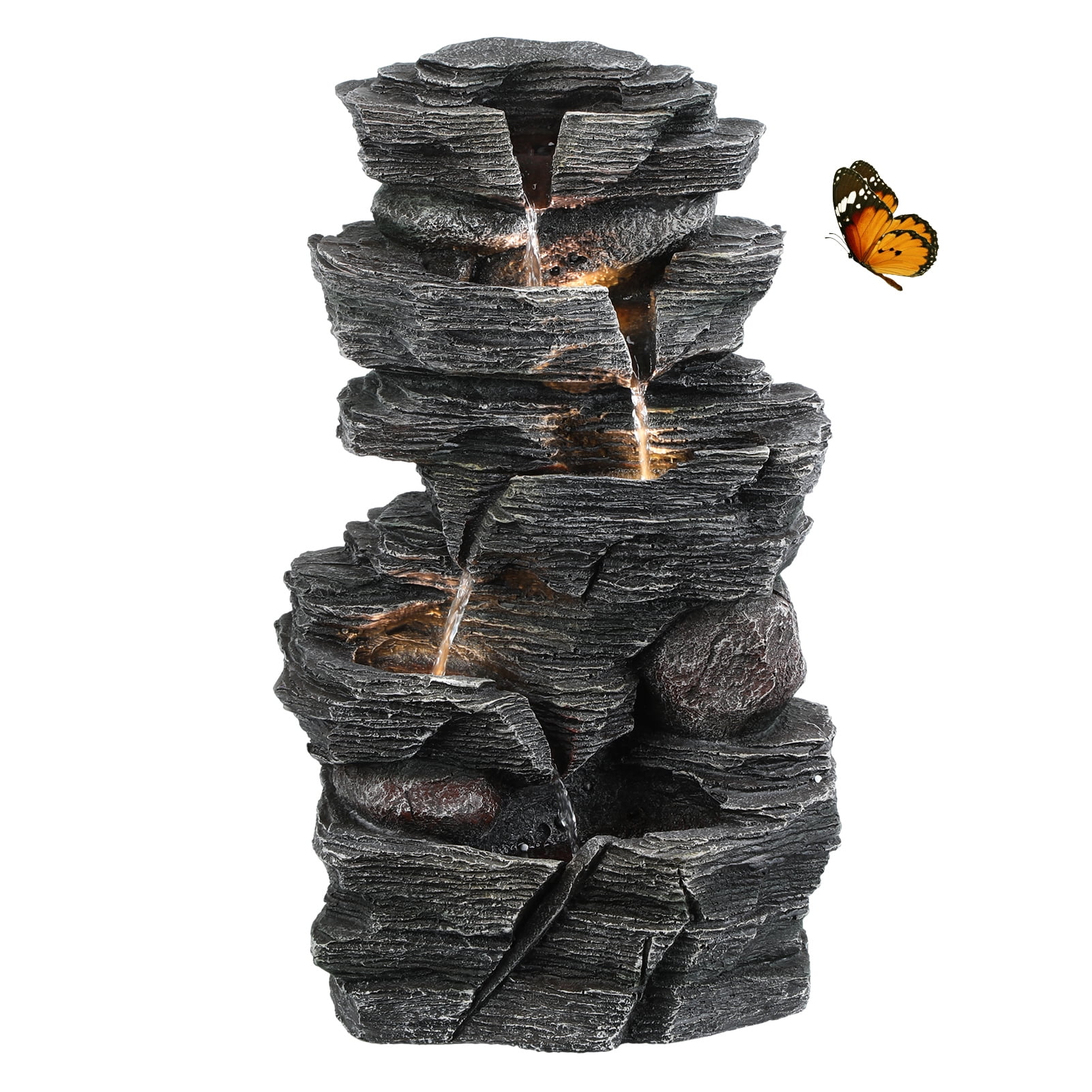 DJZ Outdoor Water Fountain Cascading Rock Water Fountain Outside Patio Water Features Fountain Garden Waterfall Decor with LED Warm Light and Pump