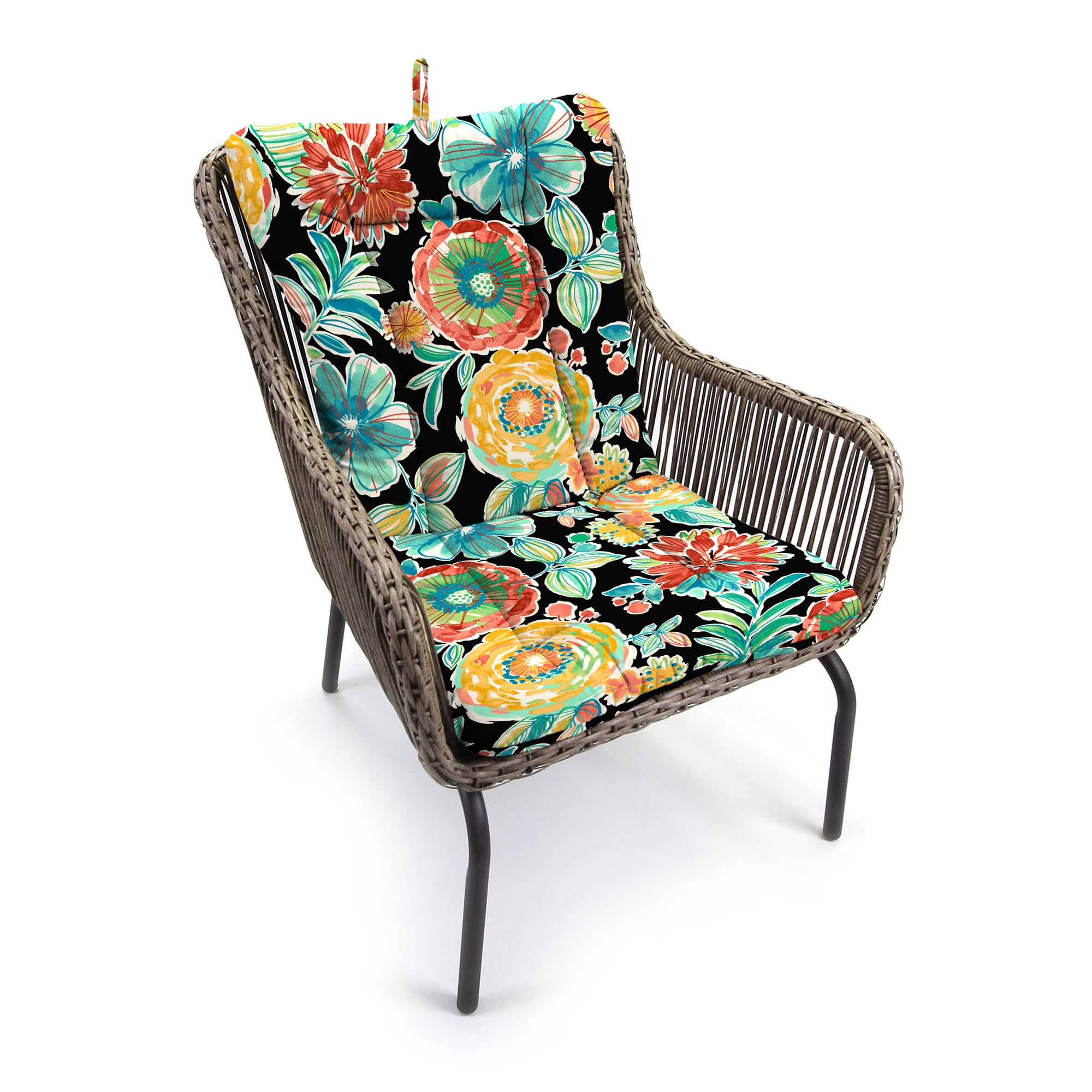 Jordan Manufacturing 38" x 21" Colsen Noir Black Floral Rectangular Outdoor Wrought Iron Chair Cushion with Ties and Hanger Loop (2 Pack)