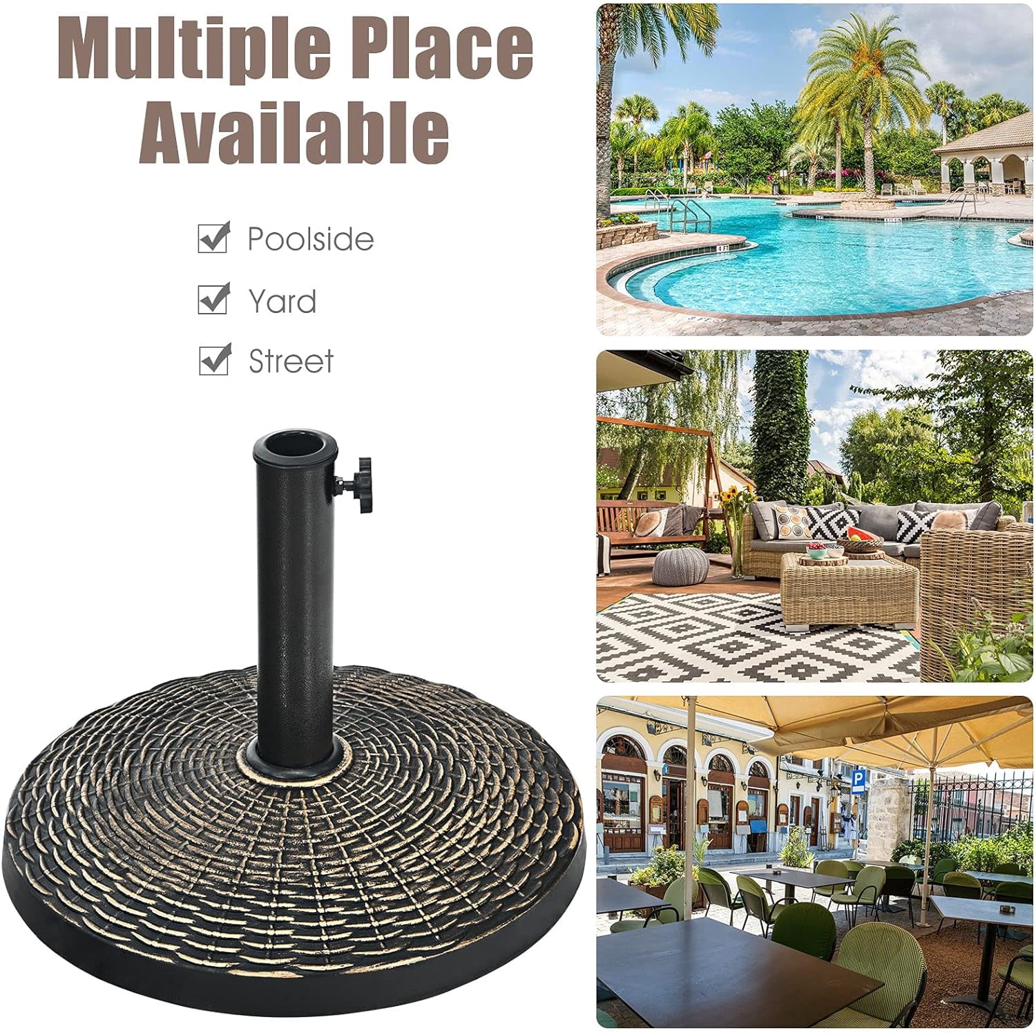 WBTER 22 lbs Patio Umbrella Base, 18 Inch Round Outdoor Umbrella Stand for 1.5'' or 1.9'' Diameter Pole, Heavy Duty Market Umbrella Holder for Garden Beach Yard Poolside Lawn, Bronze