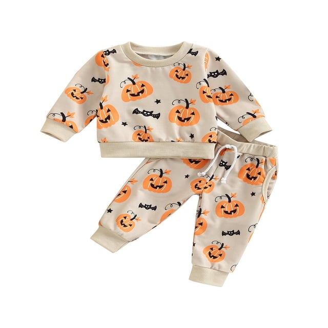 Infant Baby 2Pcs Halloween Outfits Long Sleeve Pumpkin Print Pullover Tops + Pants Set