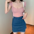 thumbnail image 2 of Pudcoco Hauts Basiques en Maille Côtelée pour Femmes, Manches Courtes Couleur Unie T-Shirts Ajustés, 2 of 5