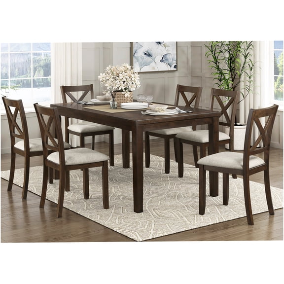 Dark Cherry 7-Piece Dining Set with Table and Upholstered Chairs, Transitional Acacia Wood Kitchen Furniture