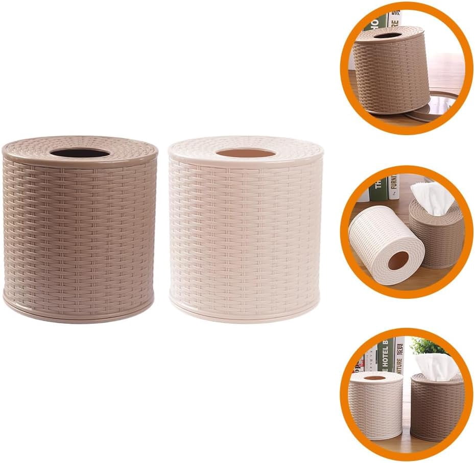 ABCISI Tissue Roll Dispenser, Plastic Toilet Paper Box with Lid, Imitation Rattan Toilet Paper Holder for Tabletop (12.5x12.5x13cm)