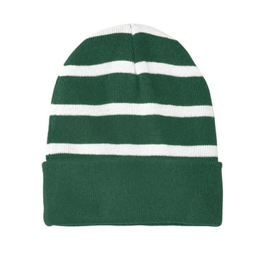 Top Headwear Striped Beanie w/ Solid Band - Forest Green/White