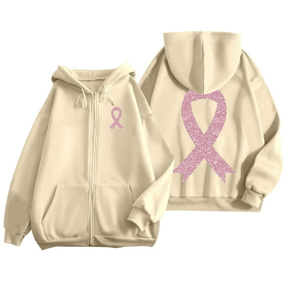 Yuanlong Womens Hoodies Zip Up Long Sleeve Ribbon Print Drawstring Hoodie Breast Cancer Awareness Jackets With Pockets