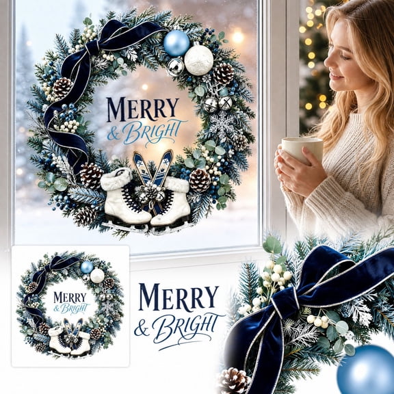 Christmas Wreath Window Clings Featuring Blue and White Decor Design, Festive Holiday for Glass Windows and Sliding Door, Winter Wonderland Christmas Decorations for Home
