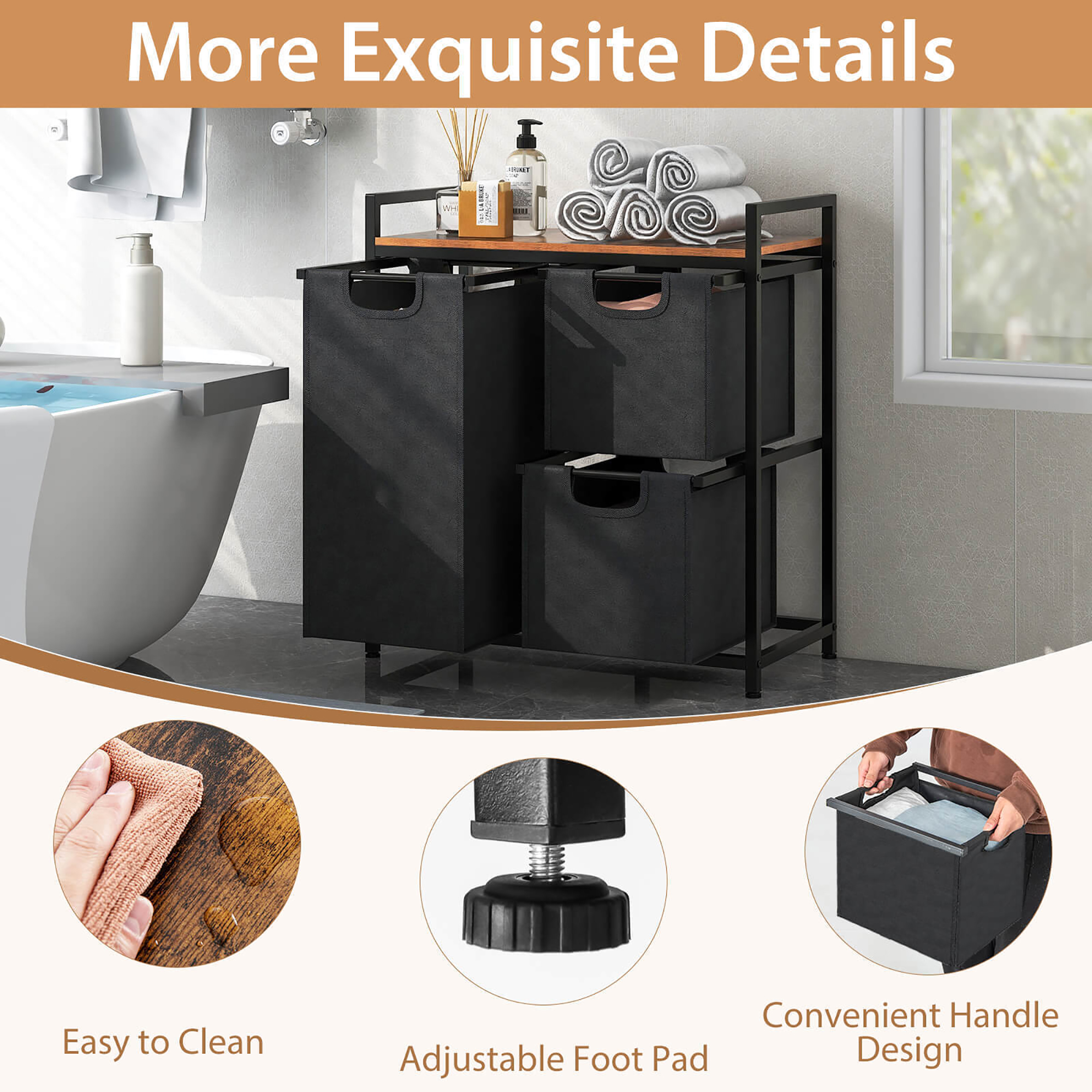 Gymax Freestanding Laundry Hamper Basket Organizer w/ 3 Pull-Out Removable Bags