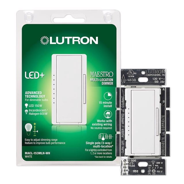 Interruptor regulador Lutron Maestro blanco, 150 W, 3 vías, paquete de 1