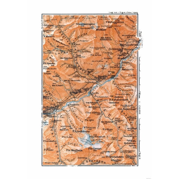 Historic Map - Martinsbruck Region Switzerland - Baedeker 1921 - Vintage Wall Art