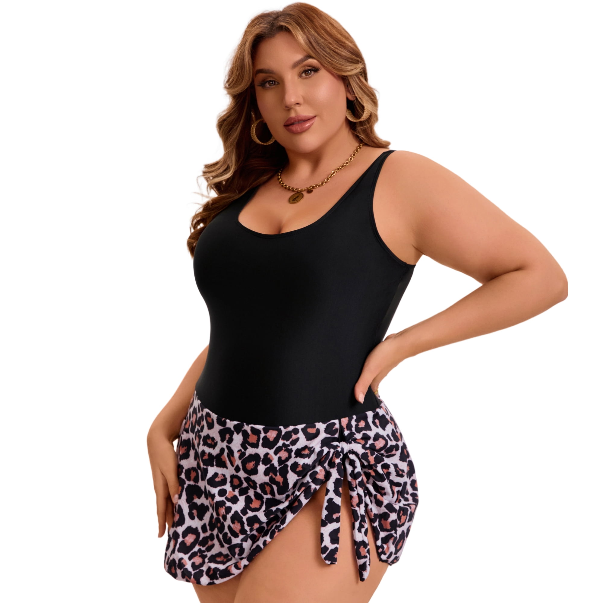 DARING DIVA Women's Plus Swimdress Floral Push Up Bathing Suit 3X Leopard Brown
