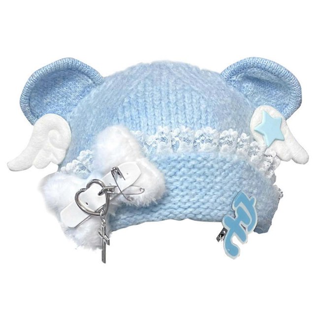 Punk Wing Head Wrap Thicken Knit Bear Hat for Climbing Skiing Sports Headwear Blue Bear Hat Oversized Headwear White