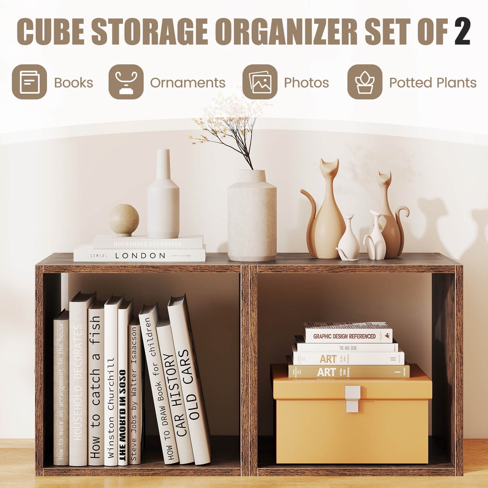 Costway 2 PCS Stackable Storage Cube Free-standing Storage Organizer Bookcase for Bedroom Brown