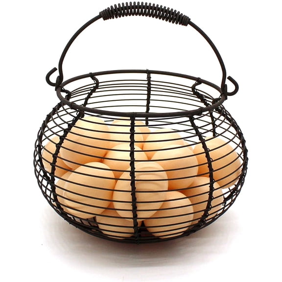 CVHOMEDECO. Rustic Wire Egg Basket with swimming Handle Primitives Vintage Gathering Basket. Rusty