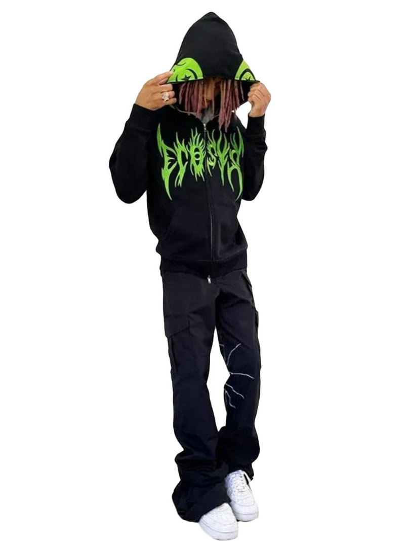 Inevnen Women Men Skull Skeleton Zip Up Hoodie Casual Y2K