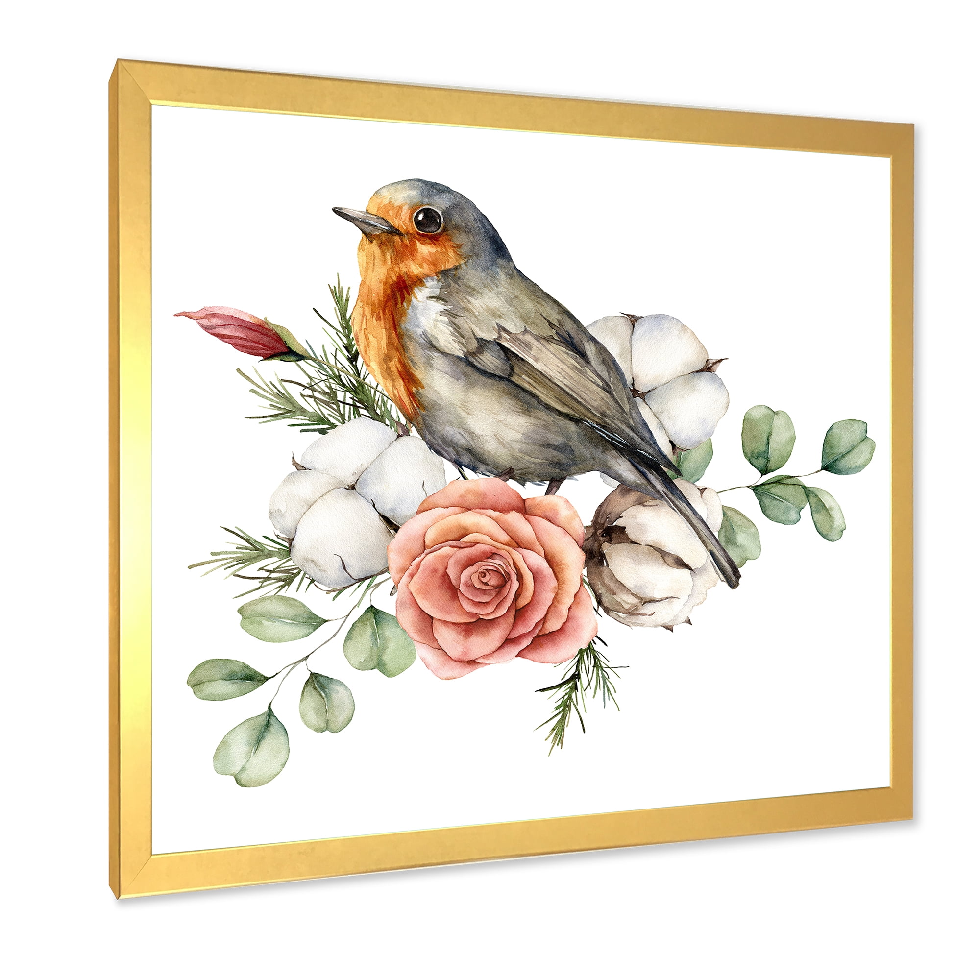 Designart 'Cotton Rose and Leaves With Robin Redbreast' Traditional Framed Art Print