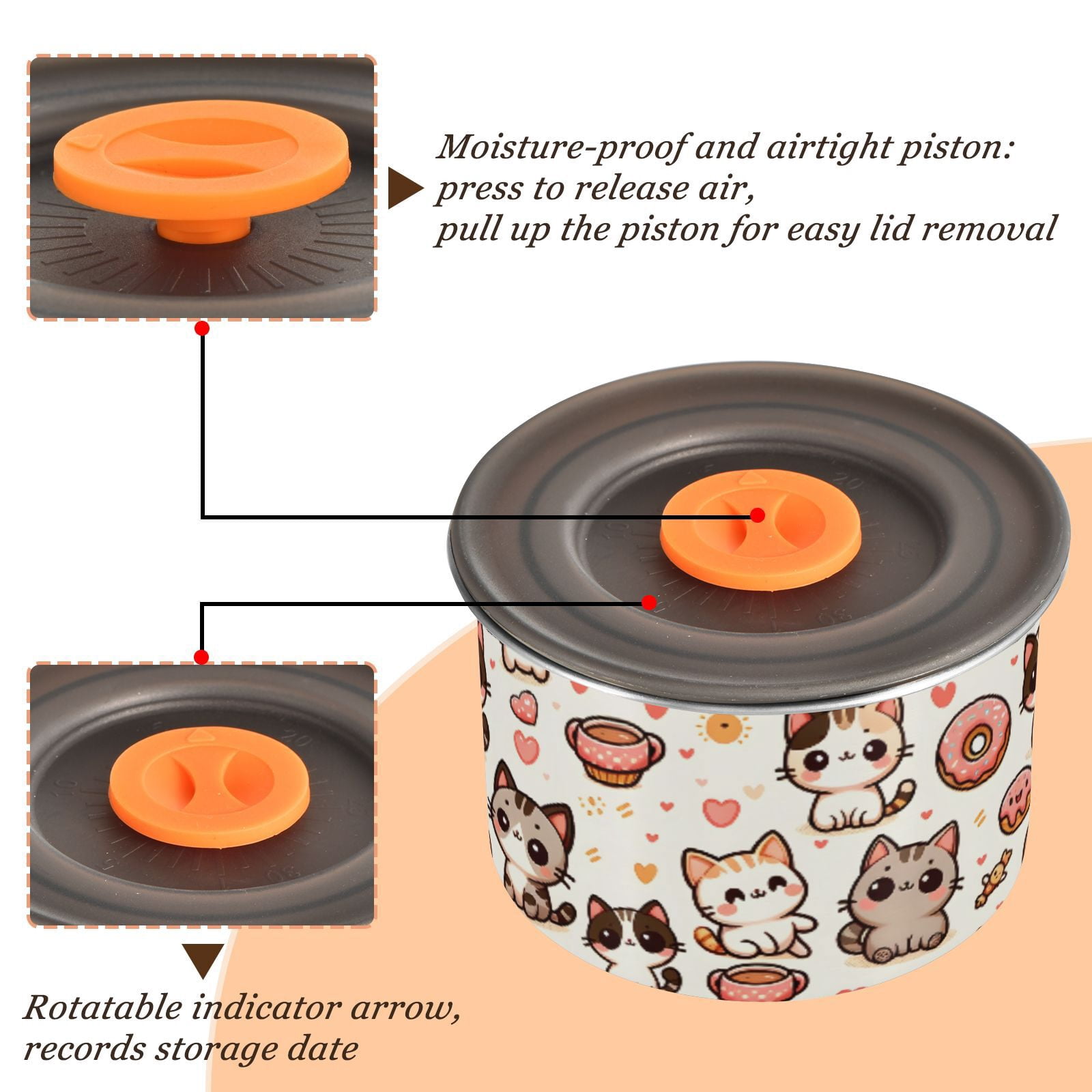 Kitten Cat Donut Airtight Coffee Bean Canister 30oz Food Storage Containers with Lids For Gournd, Tea, Sugar, Flour, Rice, Cereal, Candy Cookie Jar