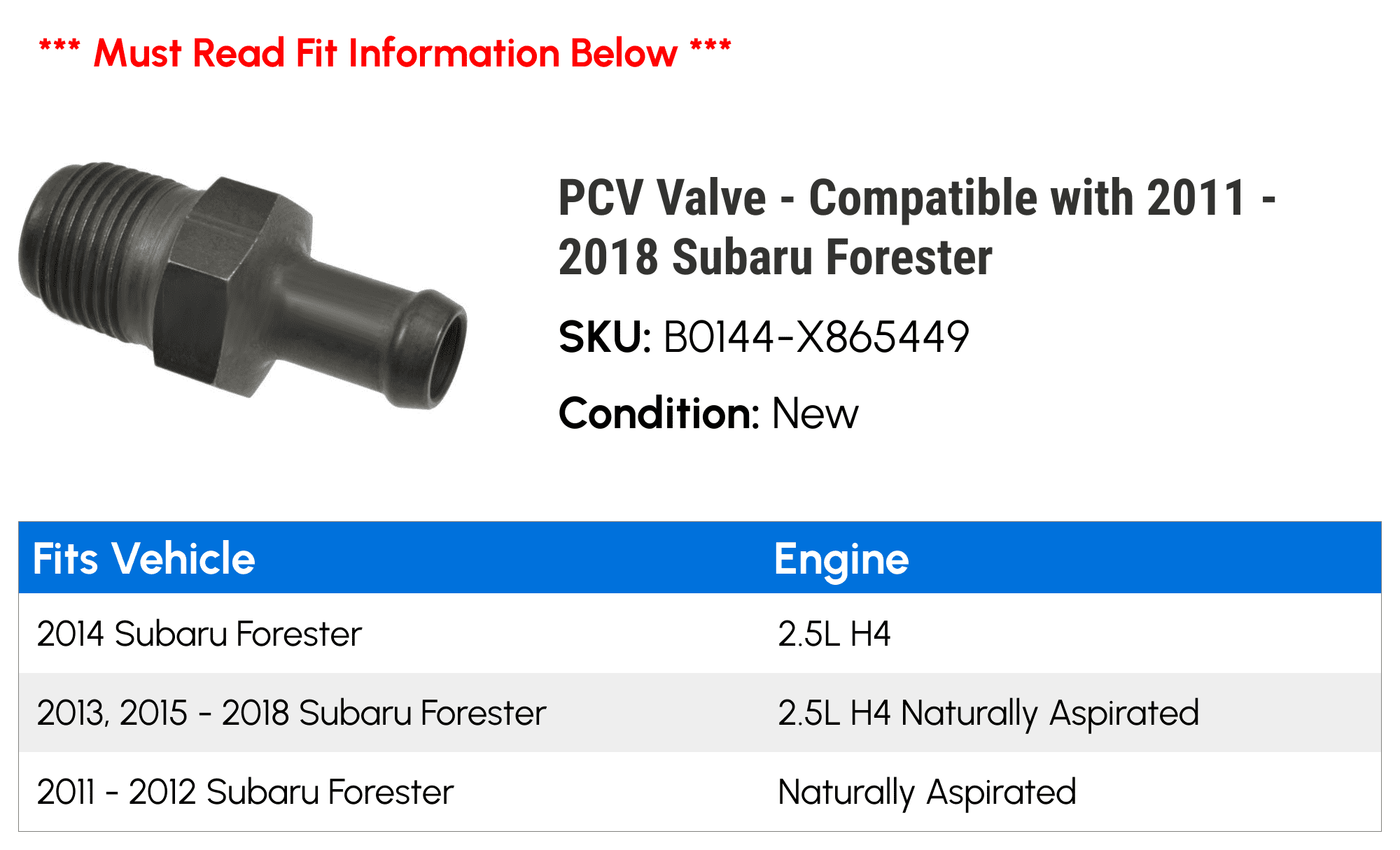 PCV Valve - Compatible with 2011 - 2018 Subaru Forester 2012 2013 2014 2015 2016 2017