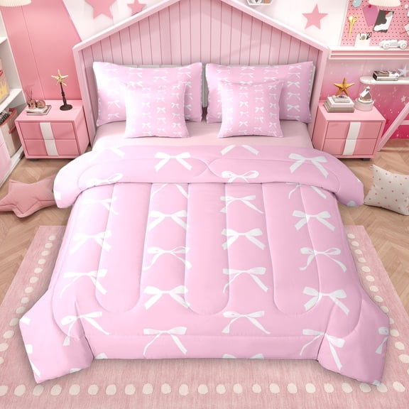 Manfei Cartoon Bowknot Child 7-Piece Twin Bedding Sets, Girly Pink Bow-tie Bedding Comforter Set, Kawaii Princess Bow Style Reversible Sheet Sets, Microfiber Bedroom Decor