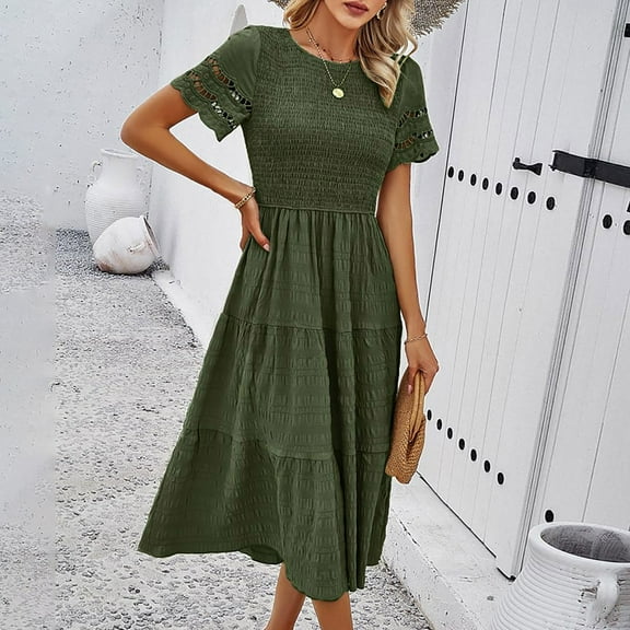 Women Summer Solid Color Casual Round Neck Short Sleeve Hollow Dress Womens Outfits Summer
