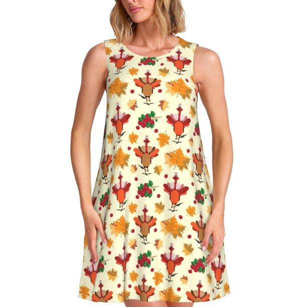 Balery Thanksgiving Turkeys Vestidos de verano para mujer con estampado: vestido holgado sin mangas, vestido playero informal y cómodo para días calurosos.