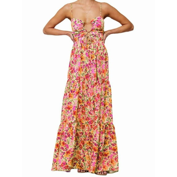 Summer Floral Women Spaghetti Straps Hollow Out Tie Front Maxi Dress Flowy Smocked - Dress Pink Orange M