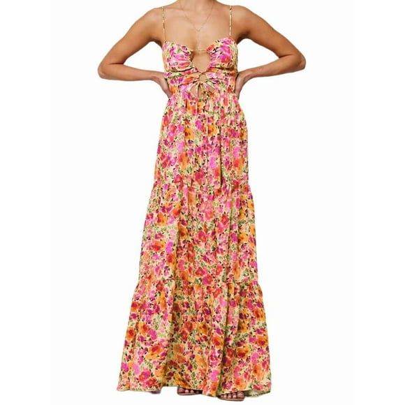 Summer Floral Women Spaghetti Straps Hollow Out Tie Front Maxi Dress Flowy Smocked - Dress Pink Orange L