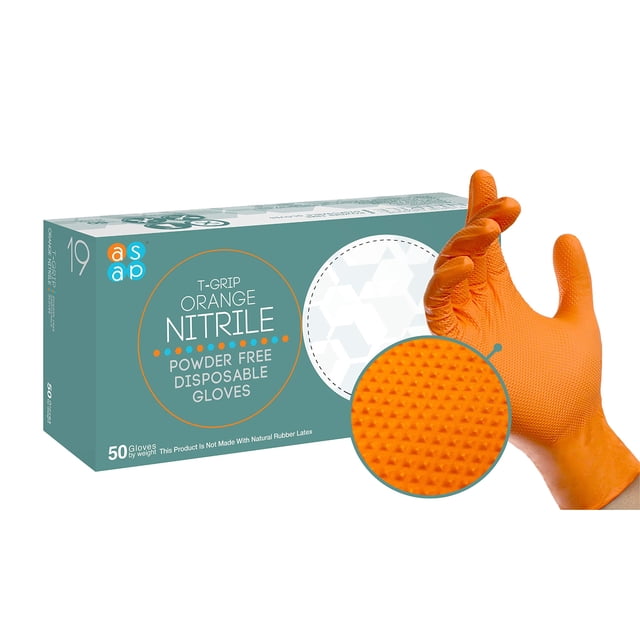 Guantes desechables de nitrilo ASAP T-Grip, color naranja, sin látex, 50 unidades