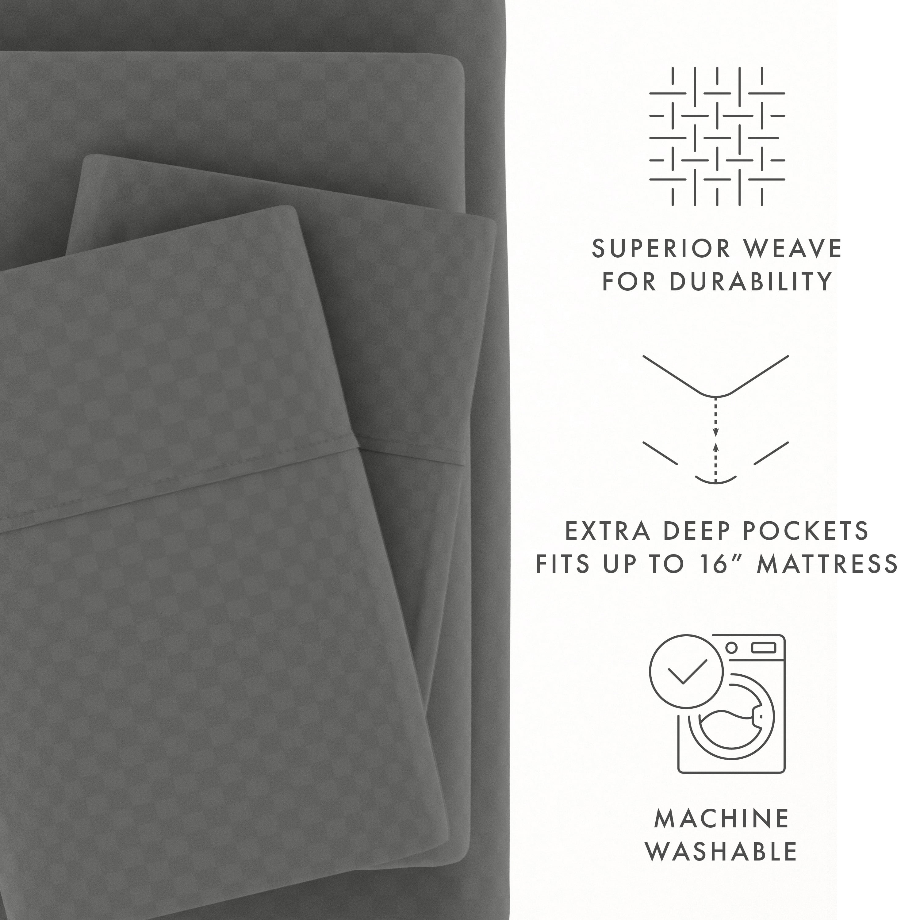 Noble Linens 4 Piece Gray Checkered Embossed Bed Sheet Set, Twin