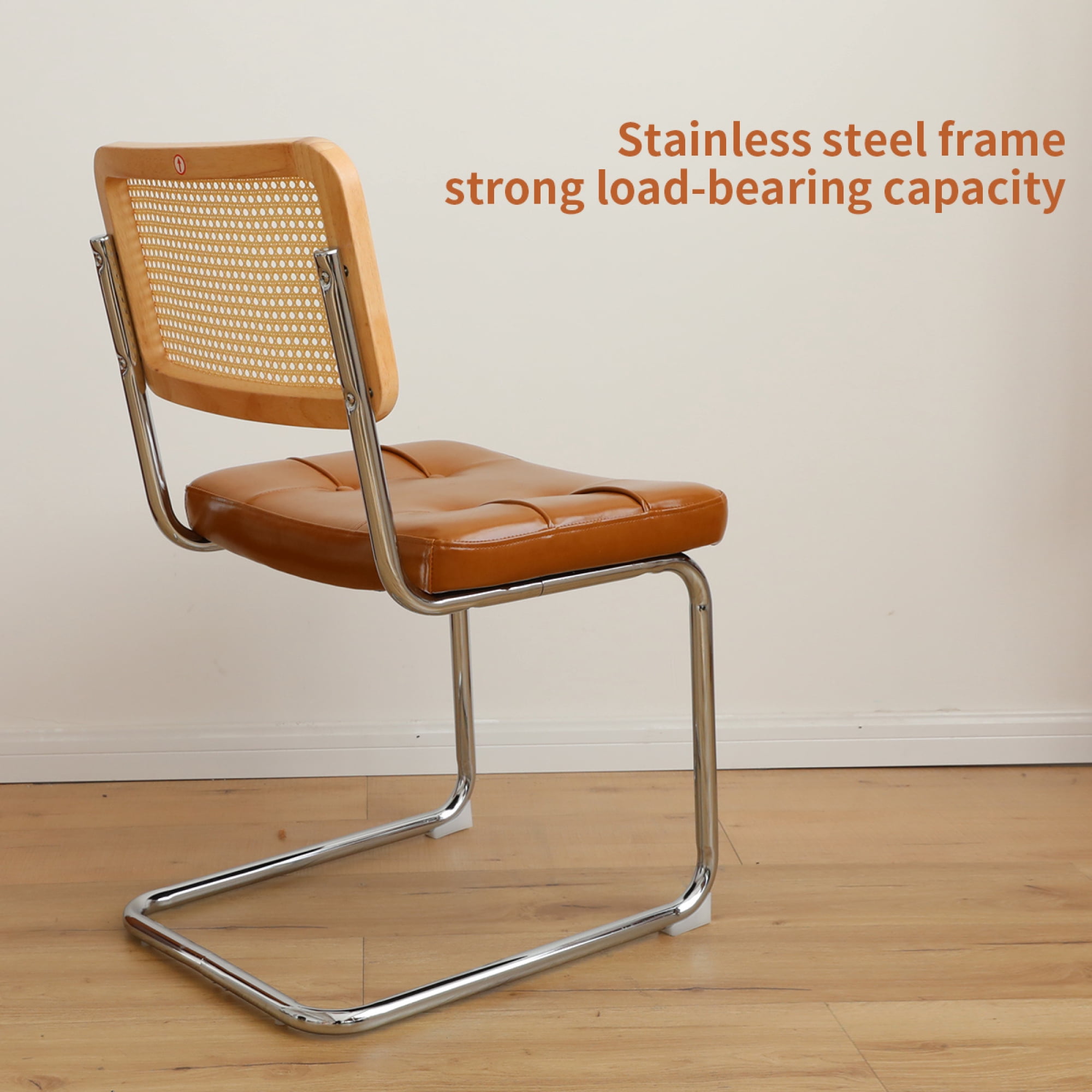 Leumius Set of 2 Dining Chairs, Faux Leather Rattan Side Accent Chairs with Chrome Legs, Modern Mid Century Breuer Designed Chairs for Dining Living Room Kitchen (Brown)