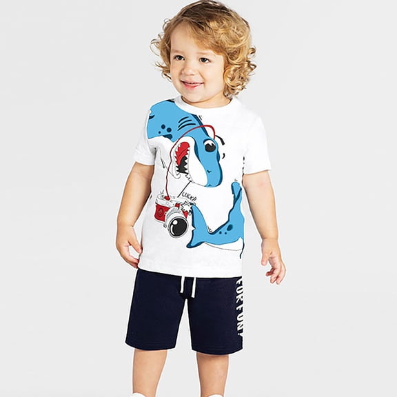 Outfits for Boys Summer Shark Print Sporty Comfortable Short Sleeve Tee and Shorts Two Piece Playwear Casual Clothing Set White Size 7-8 Y