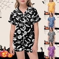 thumbnail image 2 of LRen Teens 2‑Piece Halloween Pajama Set, Ghost and Pumpkin Graphic Satin Short Sleeve Button Up Shirt Elastic Waist Shorts Pjs Sleepwear, 2 of 5