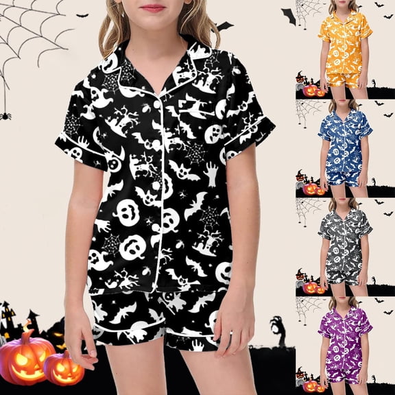 Shadoumai Toddler Kids Girls Halloween Outfits Short Sleeve Printed Casual Top Shorts Loose Waist Soft Fabric Indoor Daily Clothes Ages 2–13 Kid Cozy Play Outfit
