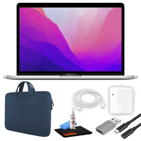 Apple MacBook Pro 13" Laptop (M2 Chip, 8-Core CPU, 8GB RAM) (Mid 2022, 256GB SSD, Silver) (MNEP3LL/A) Bundle with Blue Zipper Sleeve, USB-C Extension Cable, and Screen Cleaning Kit