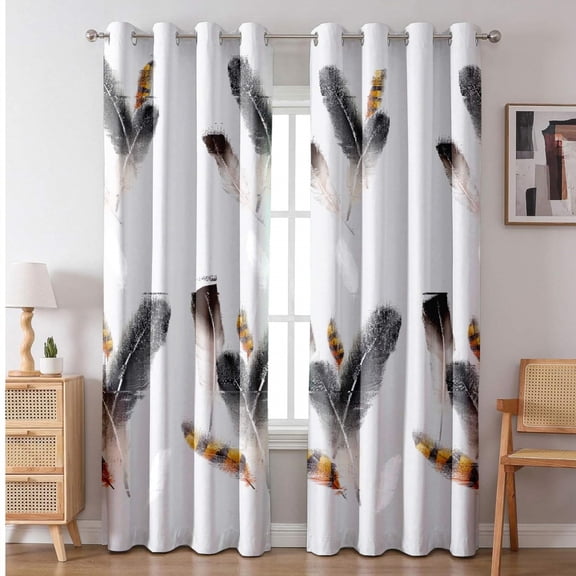 Modern Feather Print Blackout Curtains, 52x84 Inch, 2 Panels, Light Filtering Grommet Curtains for Bedroom Living Room, Machine Washable