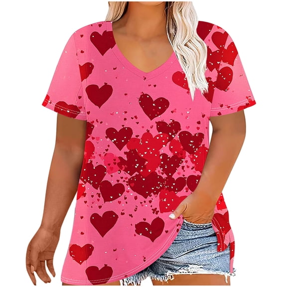 ShiShine Womens Plus Size Heart Printed Short Sleeve Tee Shirts Valentine's Day Loose V Neck Layer Blouse