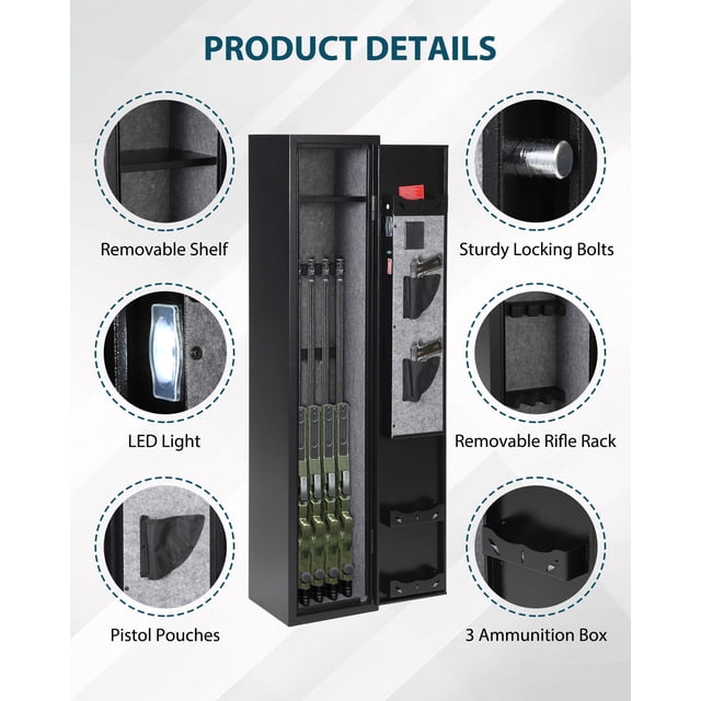 AKDSteel 5-6 Gun Safes for Rifles and Pistols, Quick Access Rifle Safe Gun Cabinet with Storage Cabinet, Removable Shelf, Pistol Lock Box, and Keypad, for Home Office