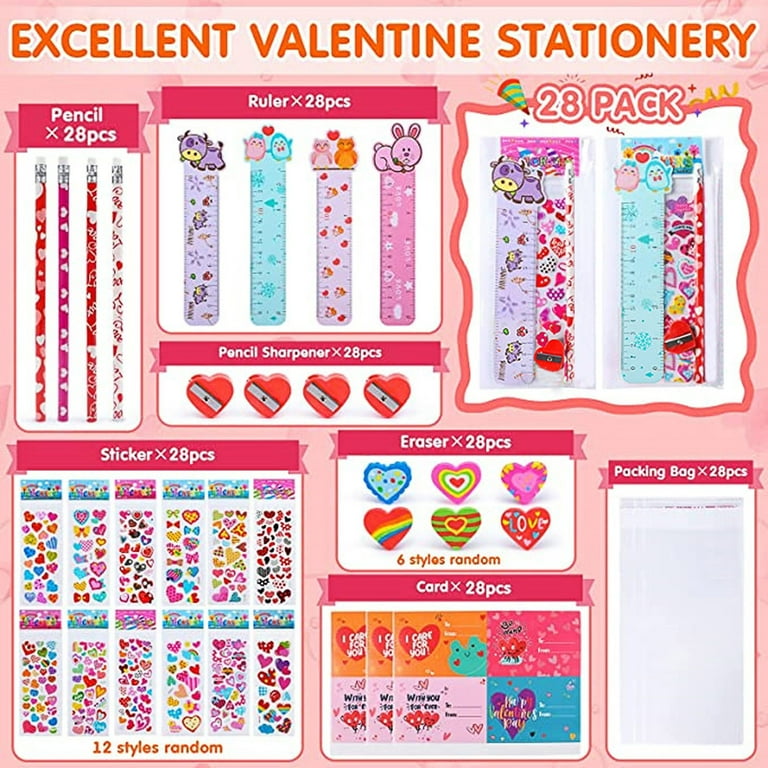 Valentine Gifts for Kids School, 28 Packs Stationery Set from Teachers to  Students, Valentines Kids Gift Set Cards with Stickers, Pencils, Erasers