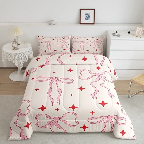 Erosebridal Girly Pink Bowknot Bedding Twin Comforter Set, Cute Stars Down Comforter, Ribbon Decor, Super Cozy 2 Pieces