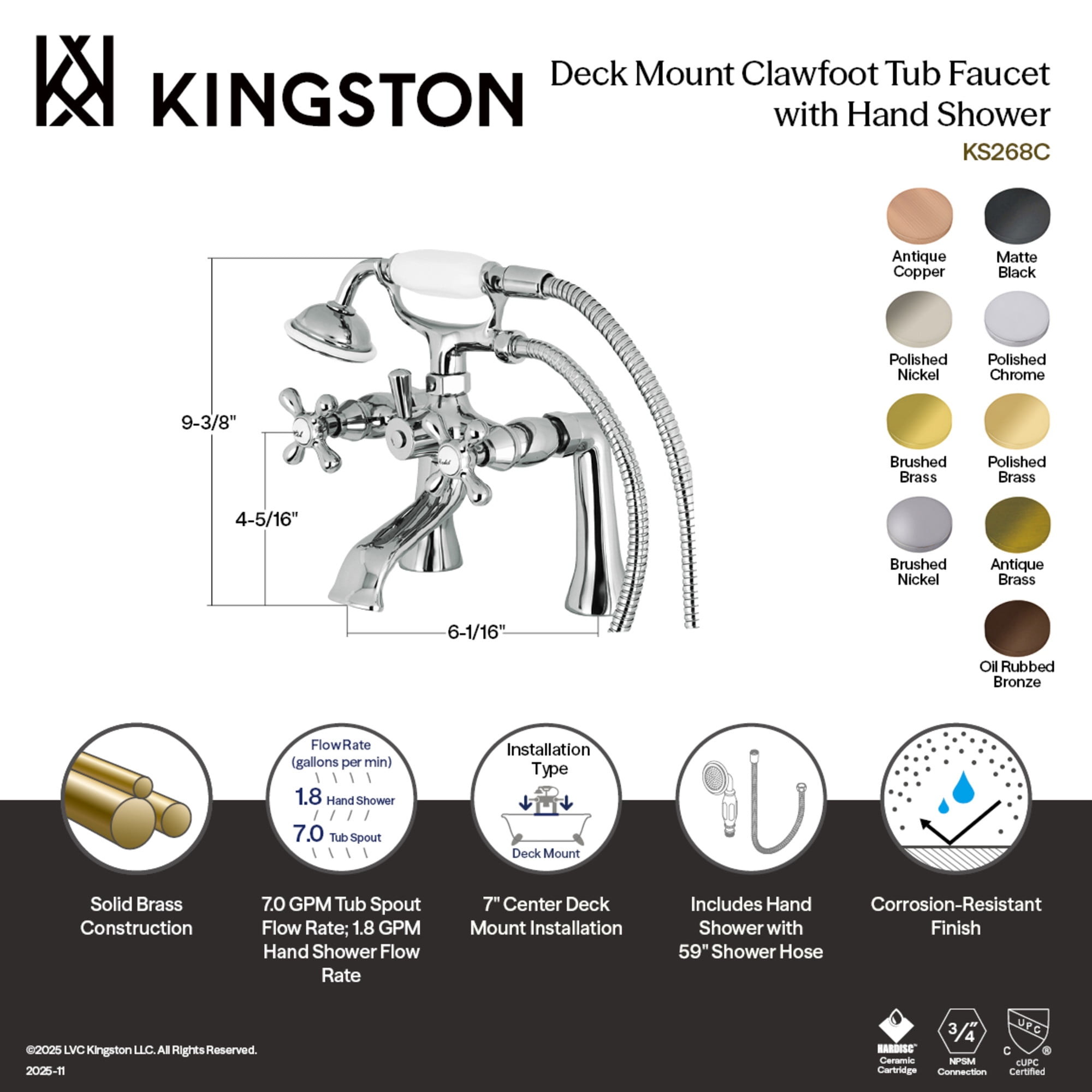 Kingston Brass KS268SB Kingston 7" Center Deck-Mount Clawfoot Tub Faucet with Hand Shower, Brushed Brass