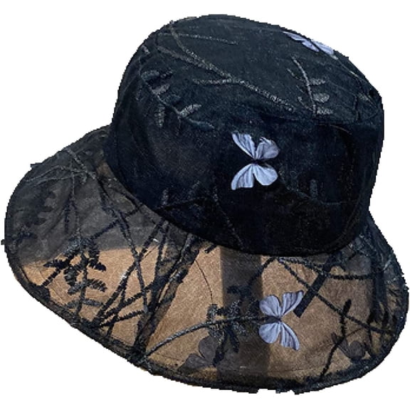 CoCopeaunts Clear Bucket Hat Black Rayon Embroidery Butterfly Bucket Cap for Women Charming Sweet Summer Thin Basin Hat