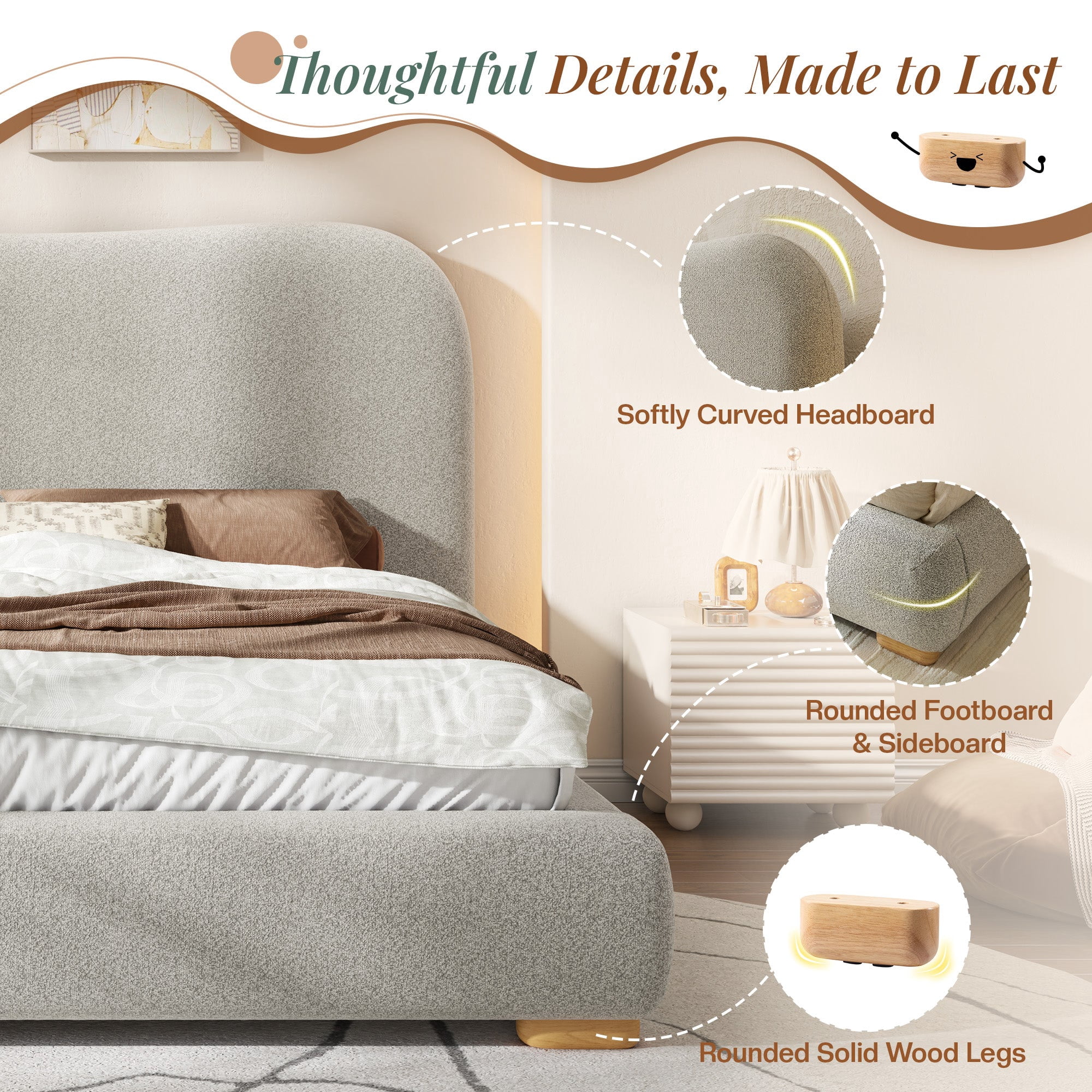 VanAcc Full Size Cloud Bed Frame, 7.1" Thick Curved Headboard, Modern Upholstered Platform Bed, Easy Assembly, Chenille Light Grey