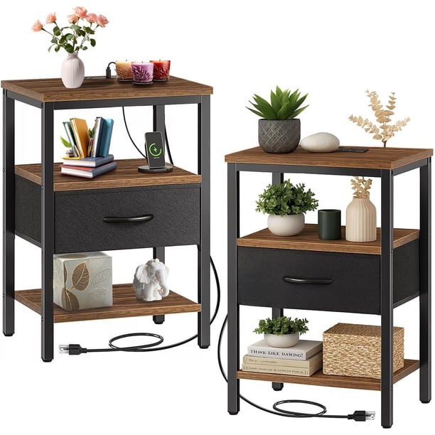 Raganet, Buró para Recámara con tación de Carga y Organización 3 Nivel, MDF con Textura Madera, Cajón para Organización, USB-C y USB-A, 60.5 x 40 x 30 cm, Café Obscuro, Paquete de 2 Unidad