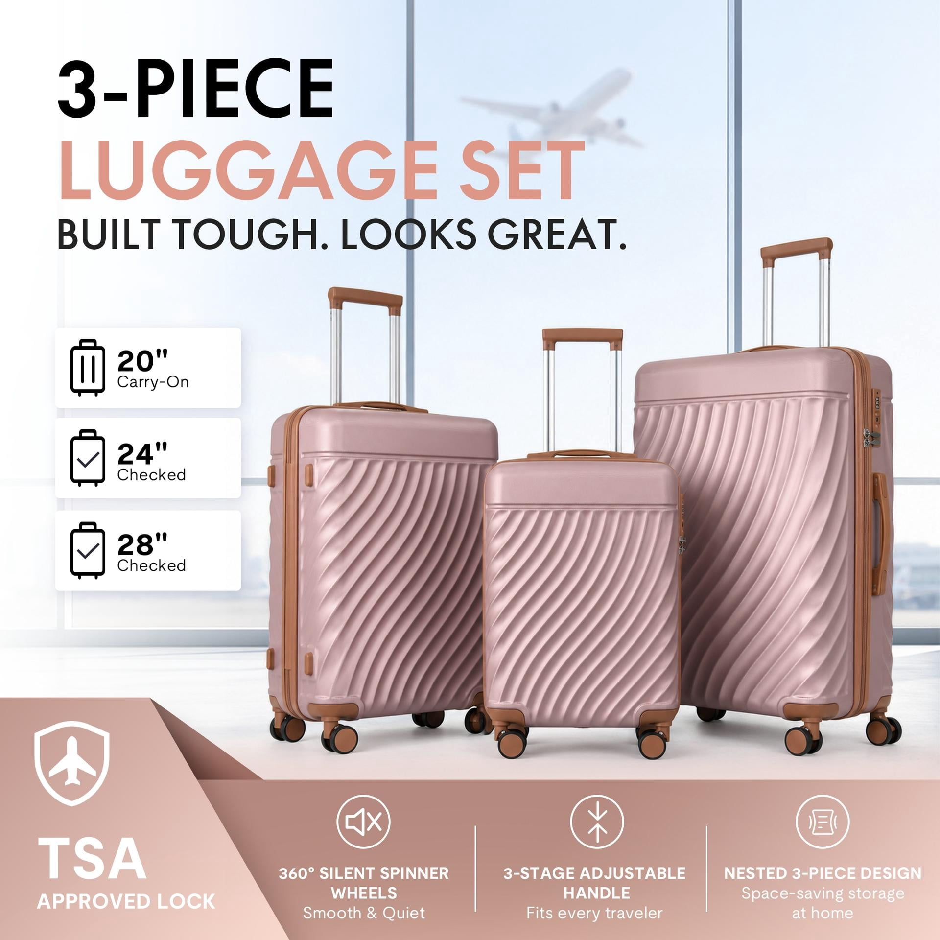 3-Piece ABS Hardshell Luggage Set, Lightweight Durable Suitcases with 4 Silent Spinner Wheels & TSA Lock, Wave-Embossed Scratch-Resistant Shell, 20/24/28 Inch, Rose Gold