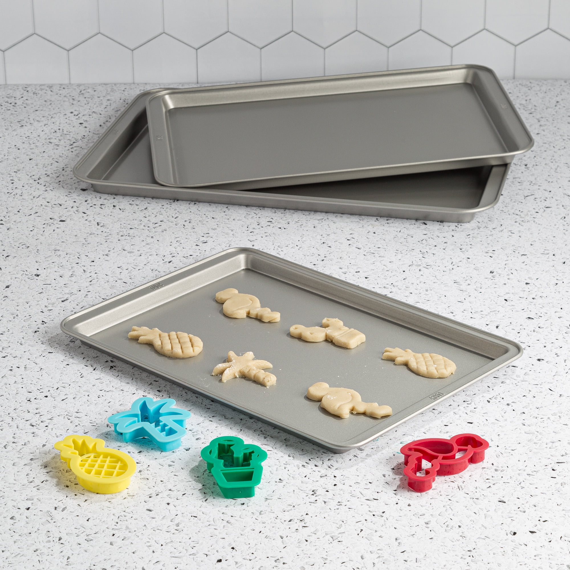 Tasty Carbon Steel Non-Stick 3 Piece Baking Sheet Set with Cookie Cutters,  Multicolor