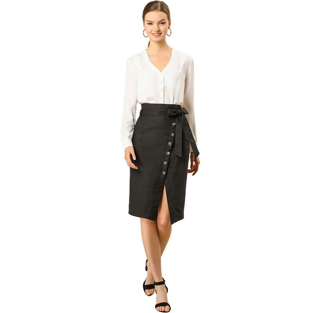 Falda de tubo corta Allegra K vintage con cinturón y abertura con botones decorativos para mujer Negro L