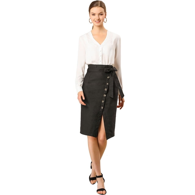 Falda de tubo corta vintage con cinturón y abertura con botones decorativos Allegra K Negro XS