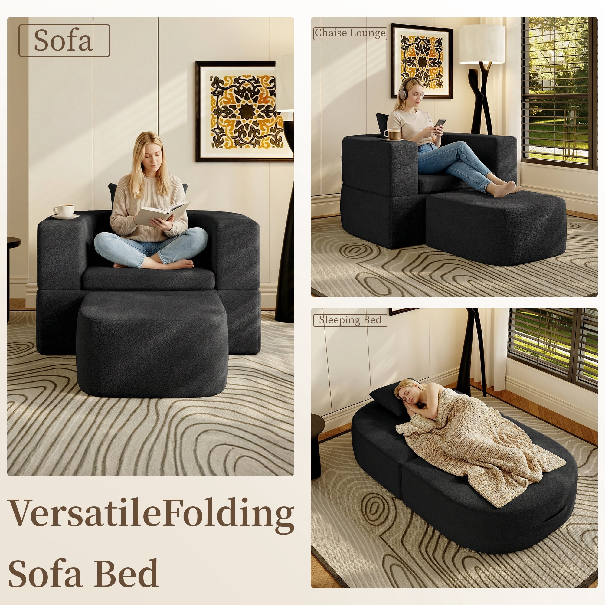 The Magic Home 41" Futon Sofa Bed Teddy Fleece Futon Couch Convertible Sleeper Floor Sofa Bed Upholstered Couch Reading Chair for Living Room, Black Couch, No Assembly