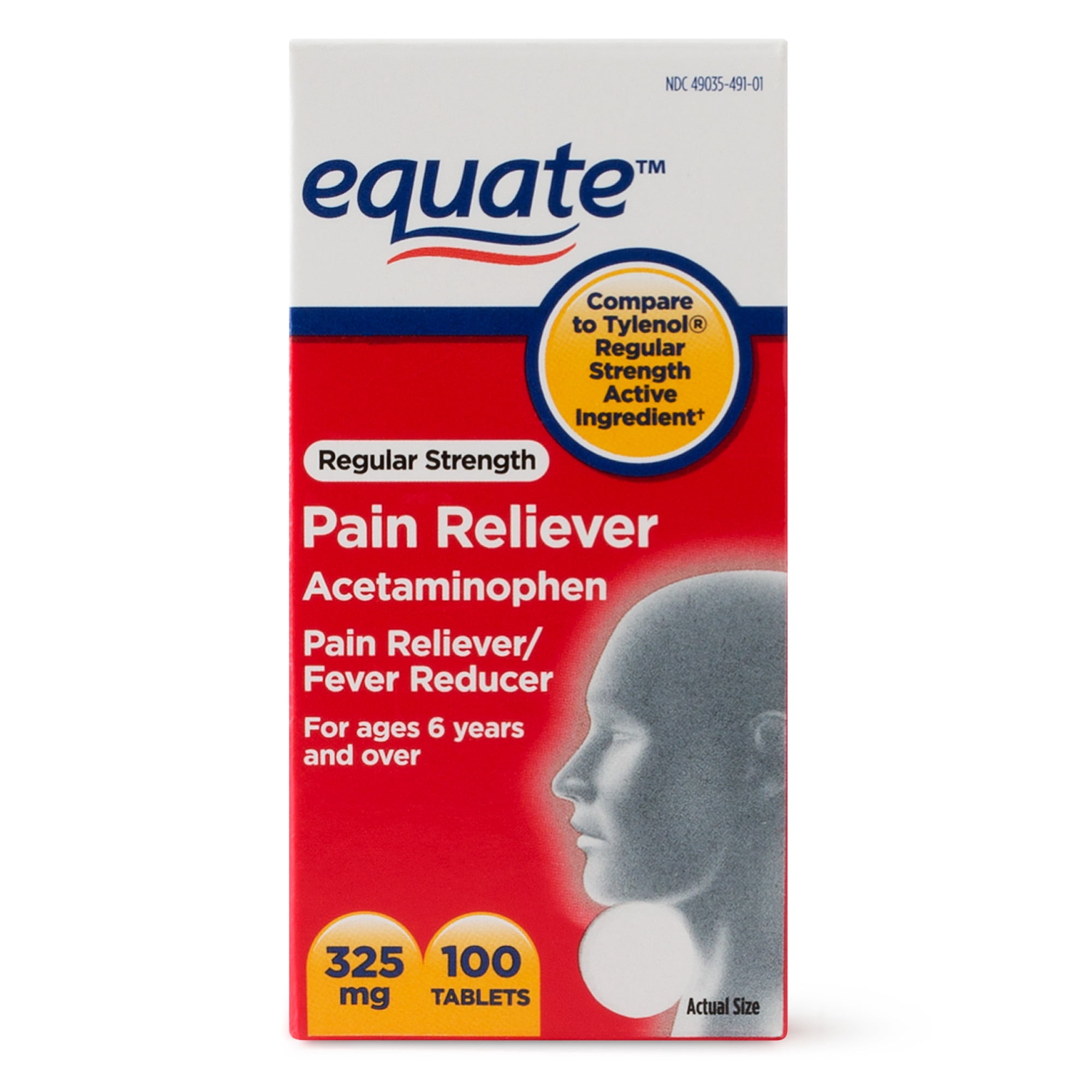 Equate Regular Strength Pain Relief Acetaminophen Tablets, 325 mg, 100 Count