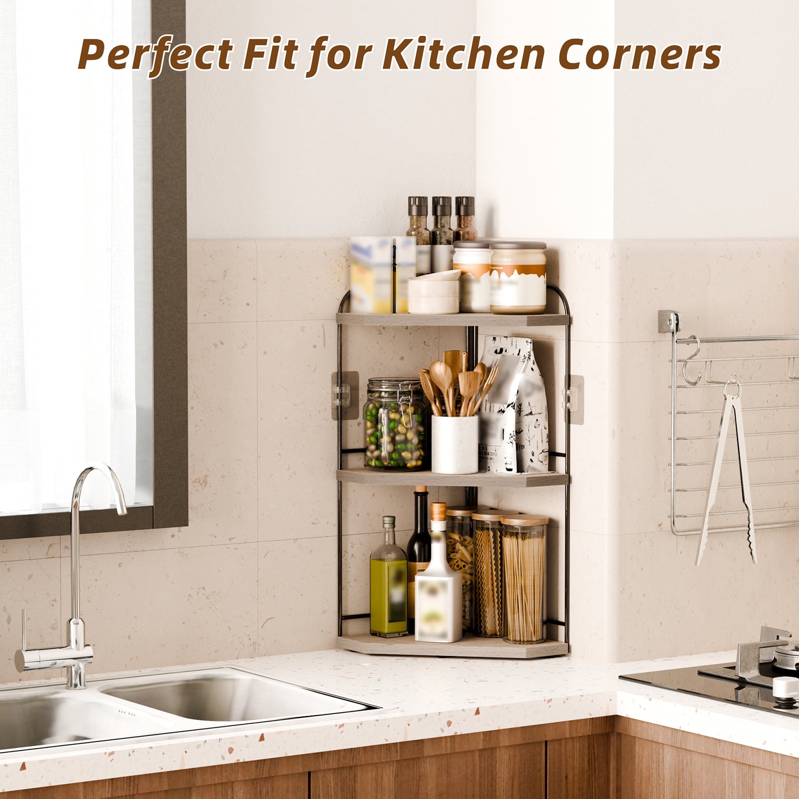 Corner Bathroom Counter Organizer, 3-Tier Wood Countertop Organizer for Perfume, Makeup Storage, Skincare Organizers for Vanity, Counter Corner Shelf for Kitchen, Bathroom, Dresser (grey)