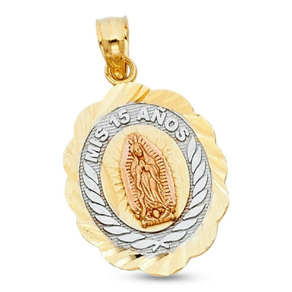 Mis 15 Anos Guadalupe Oval Pendant Solid 14k Yellow White Rose Gold Quinceanera Charm 20 x 16 mm